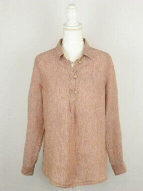 Sigrid Olsen Women's Medium Red Beige 100% Linen Popover Long Sleeve Blouse